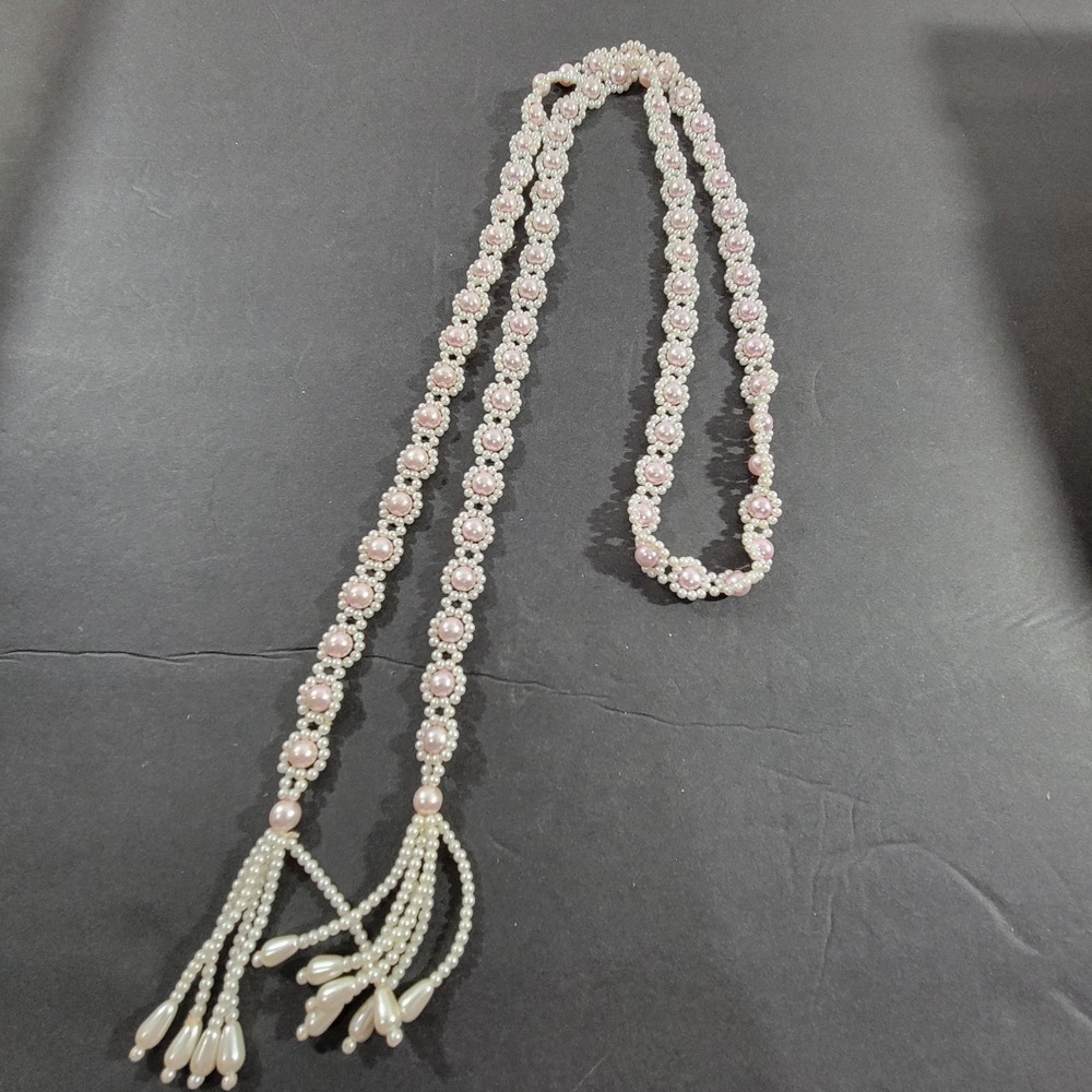 Vintage Faux Pearl Rope Lariat Neckalce White Pink Long Elegant 52" Tassels